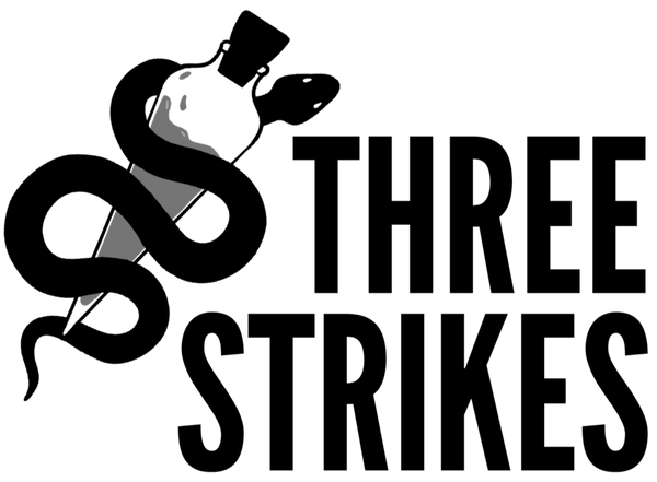 Three Strikes text with Snake and vial logo